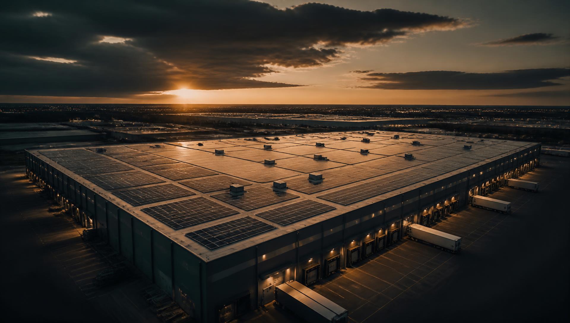 Large commercial rooftop solar array on an industrial distribution building at dusk